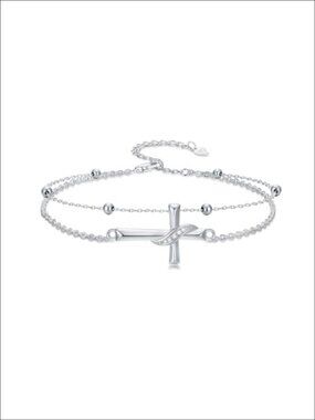 925 Sterling Silver Diamond Cross Layered Bracelet Adjustable 7-9 Inch Women